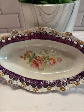 Porcelain Floral Serving Dish in Purple and White with Gold Accents Vintage